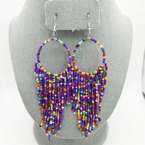 Bohemian Seed Beaded Purple Tassel Fringe Pierced Long Dangle Earrings